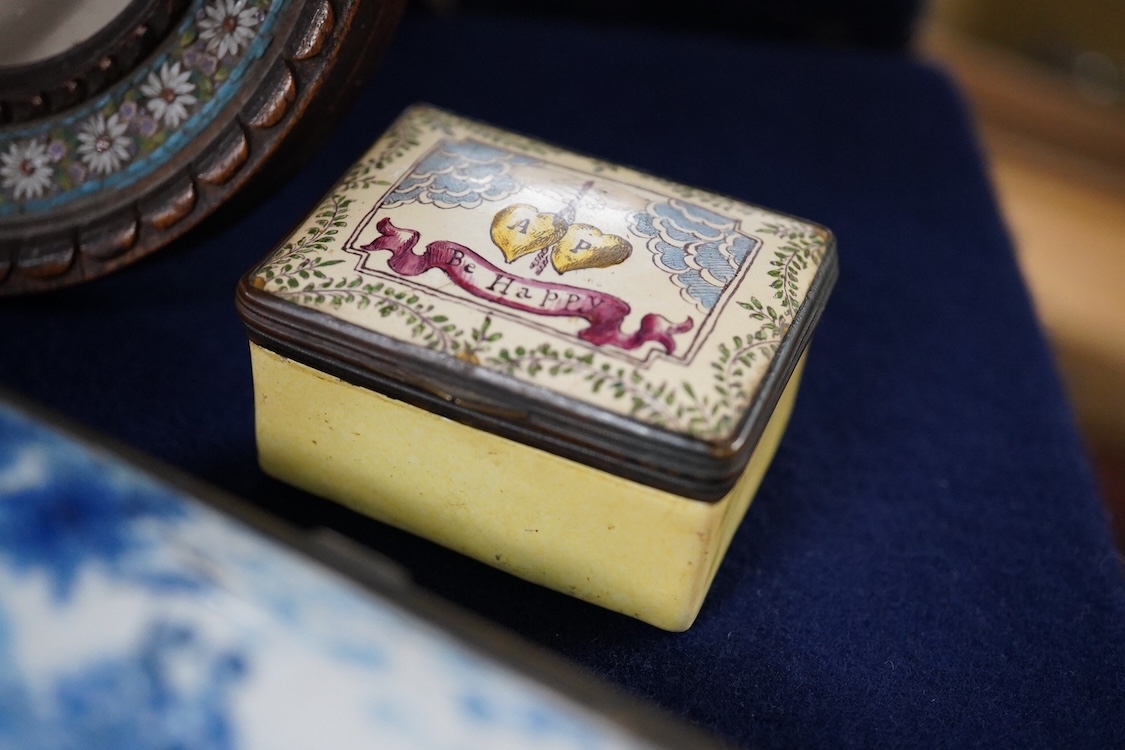 A collection of various 18th century and later trinket/pill boxes, a micro mosaic frame and two small carvings to include a tiger’s eye Scottie dog, frame 10cm in diameter